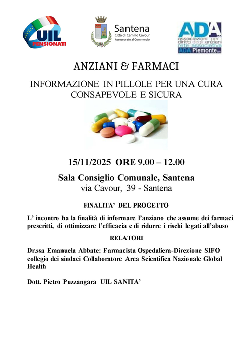A Santena un incontro dedicato alla sicurezza nell’uso dei farmaci tra gli over 60


