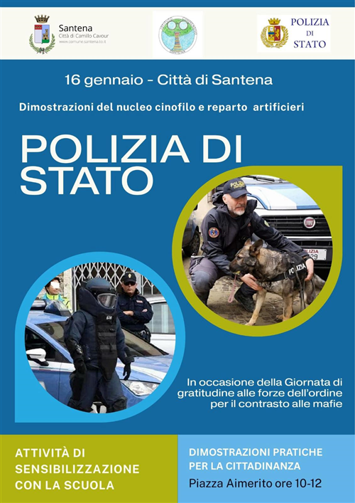 Santena, scuola e territorio al centro dell’impegno contro le mafie: venerdì le dimostrazioni della Polizia di Stato con unità cinofile e artificieri
